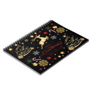 Red  Gold Reindeer Merry Christmas Tree  Notebook