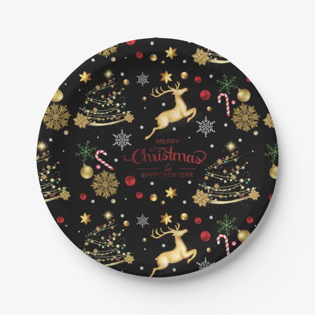 Red  Gold Reindeer Merry Christmas Tree Paper Plate (Front)