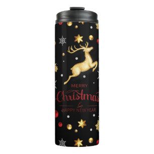 Red  Gold Reindeer Merry Christmas Tree  Thermal Tumbler