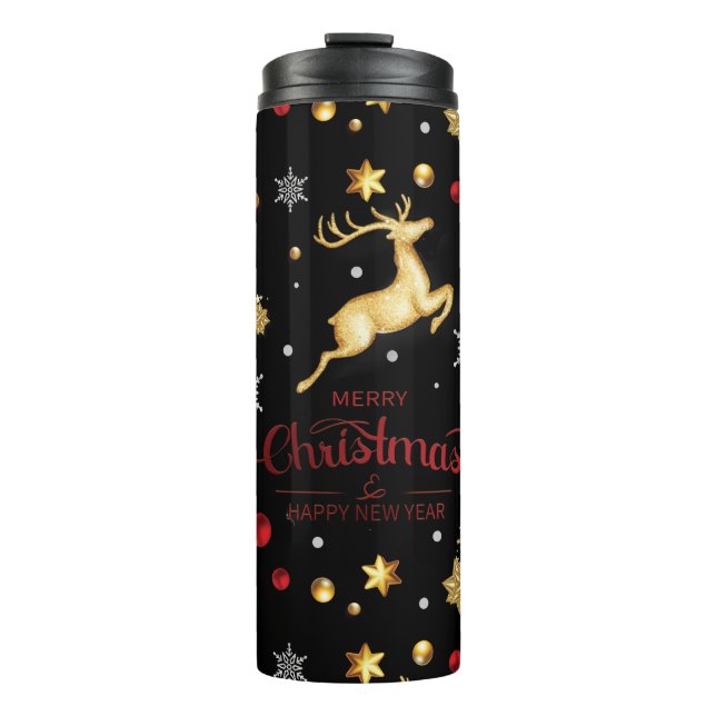 Red  Gold Reindeer Merry Christmas Tree  Thermal Tumbler (Front)