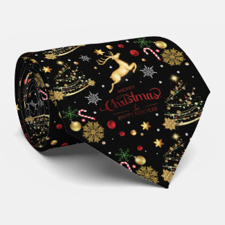 Red  Gold Reindeer Merry Christmas Tree Tie
