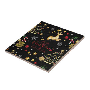 Red Gold Reindeer Merry Christmas Tree Tile