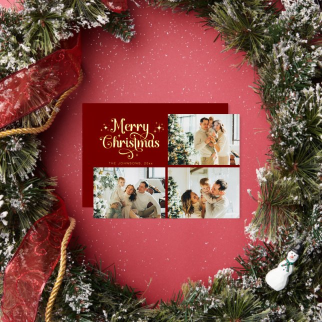 Red & Gold Retro Christmas Family Photo Collage Foil Holiday Card (Insitu)