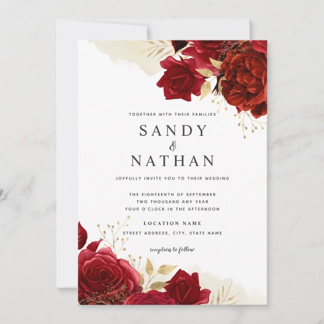 Red Gold Romantic Rose Wedding Invitation (Front)