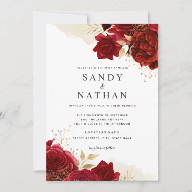 Red Gold Romantic Rose Wedding Invitation (Front)