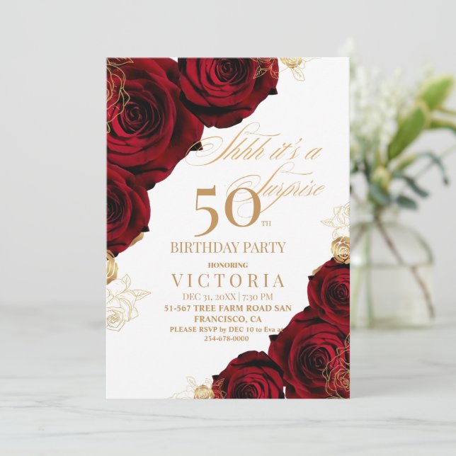  Red Gold Rose 50th Birthday Invitation (Standing Front)