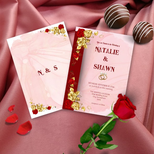 Red Gold Rose Floral Save the Date Wedding Invitat Invitation (Creator Uploaded)