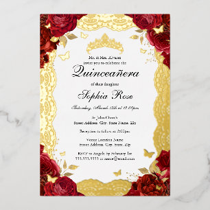 Red Gold Rose Lace Butterfly Quinceanera Birthday 