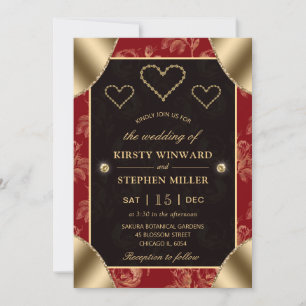 Red & Gold Rose Pattern & Gold Hearts Wedding Invitation