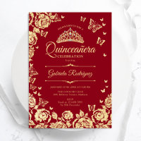 Red Gold Roses Butterflies Quinceanera