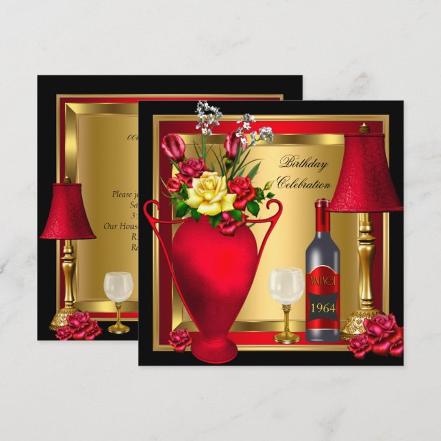 Red Gold Roses Decor Wine Bottle Glass Party Invitation (Front/Back)