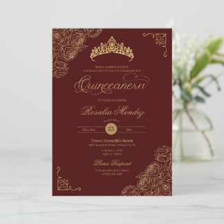 Red & Gold Roses Elegant Quinceañera Invitation