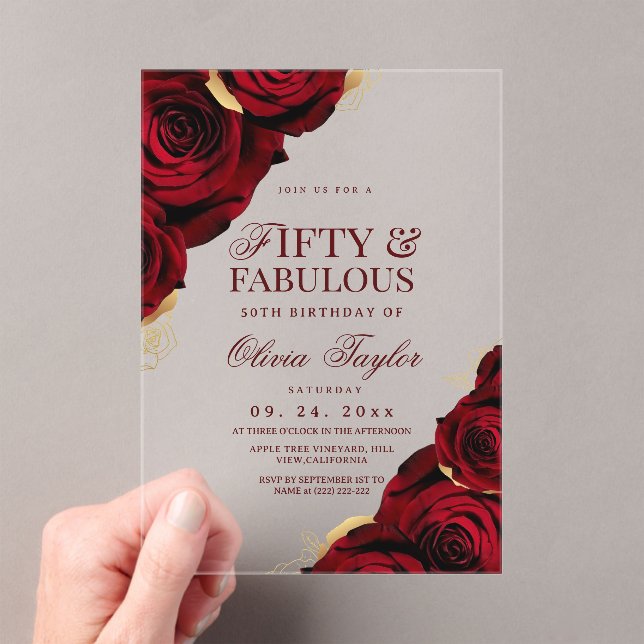 Red Gold Roses Fifty 50th Birthday Acrylic Invitations (Insitu (Handheld))