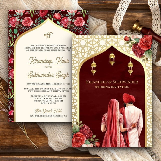 Red Gold Roses Floral Anand Karaj Sikh Wedding Invitation (Creator Uploaded)