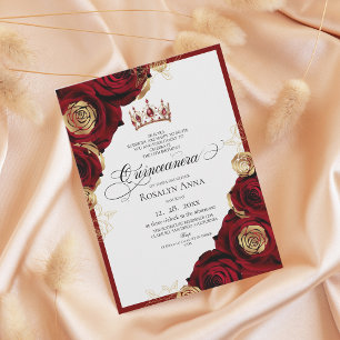 Red Gold Roses Princess Quinceañera Invitation