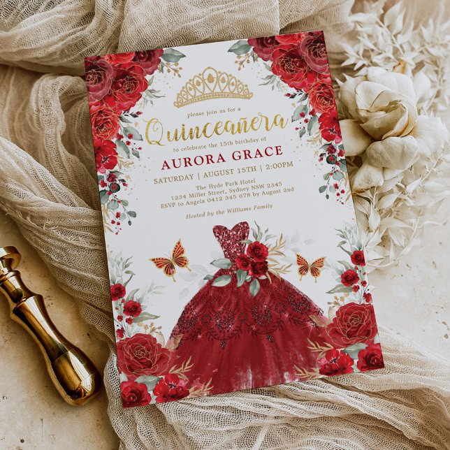 Red Gold Roses Princess Quinceañera Mis Quince Invitation (Creator Uploaded)