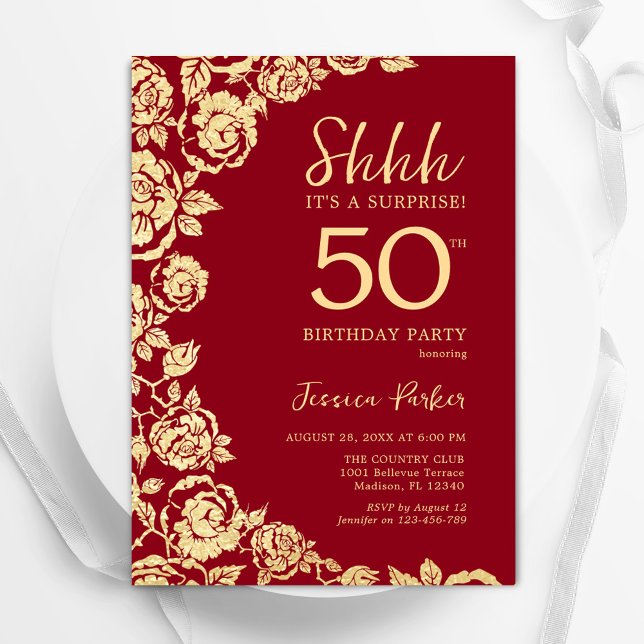 Red Gold Roses Surprise 50th Birthday Invitation (Creator Uploaded)