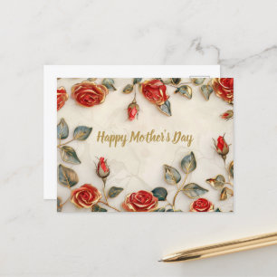 Red Gold Roses Vintage Mother's Day Holiday Postcard