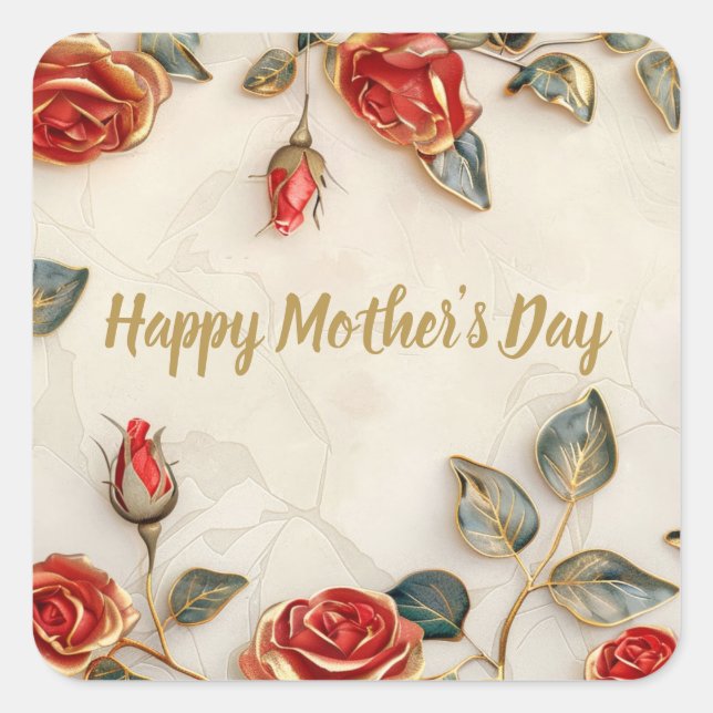 Red Gold Roses Vintage Mother's Day Square Sticker (Front)