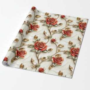 Red Gold Roses Vintage Wrapping Paper
