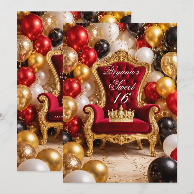 Red & Gold Royal Chair & Crown Birthday Party Invitation (Front/Back)