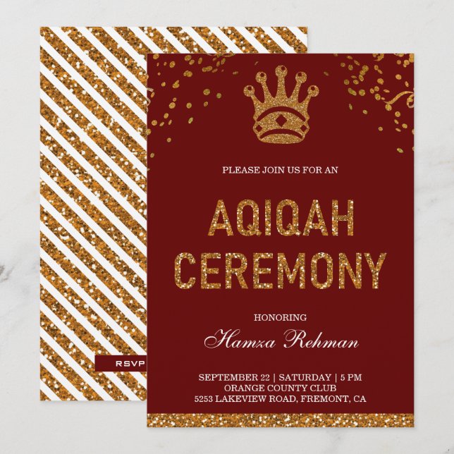 Red Gold Royal Crown Prince Aqiqah Invitation (Front/Back)