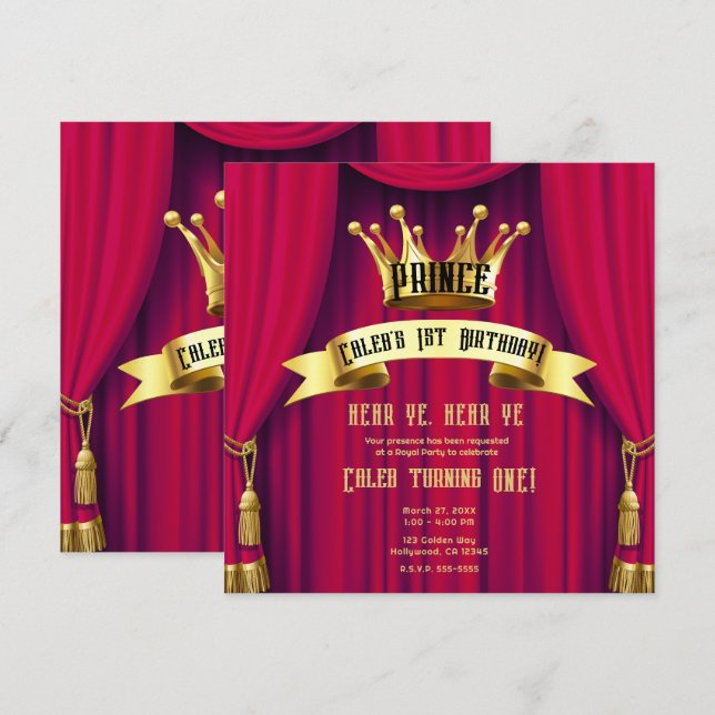 Red & Gold Royal Crown Prince Birthday Party Invitation (Front/Back)