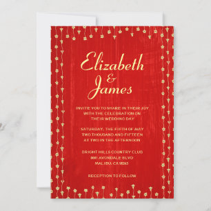 Red & Gold Rustic Country Wood Wedding Invitations