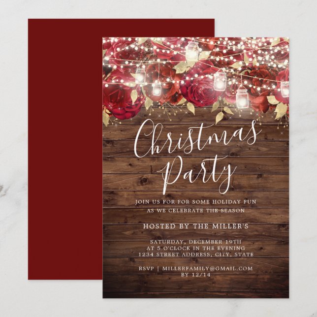 Red Gold Rustic Foliage Lights Christmas Party   Invitation (Front/Back)