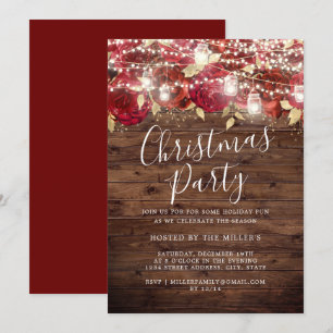 Red Gold Rustic Foliage Lights Christmas Party   Invitation