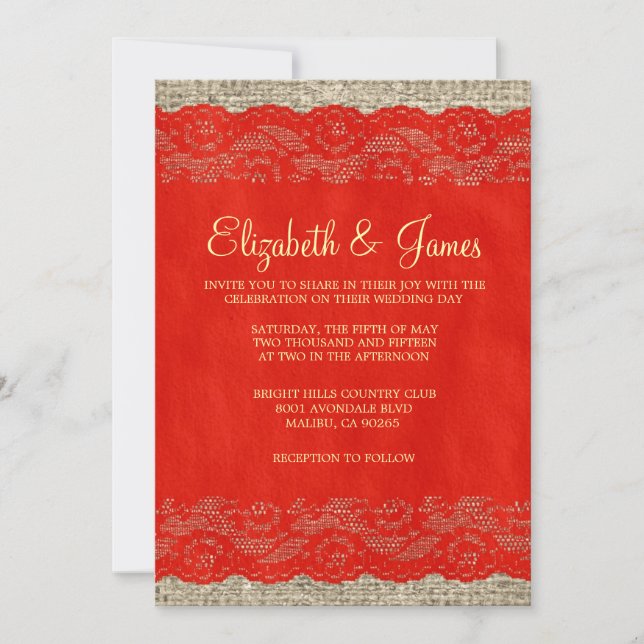 Red & Gold Rustic Lace Wedding Invitations (Front)