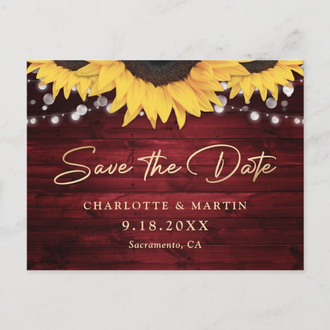 Red Gold Rustic Wood Script Sunflower Wedding Announcement Postcard (Front)