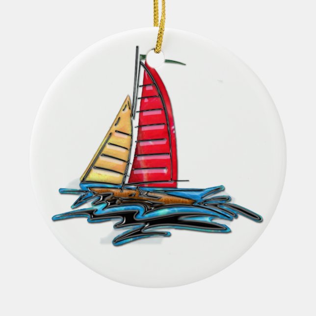 Red & Gold Sailboat Ceramic Tree Decoration (Front)