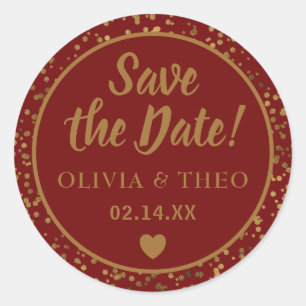 Red Gold Save the Date  Classic Round Sticker