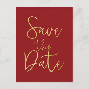 Red & Gold SAVE THE DATE Modern Script Postcard