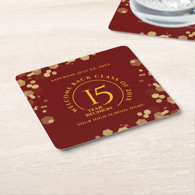 Red & Gold School College Class Reunion Square Paper Coaster (Angled)