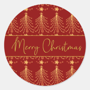 Red & Gold Script Christmas Tree Lights Pattern Cl Classic Round Sticker