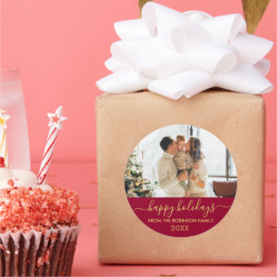 Red Gold Script Family Photo Happy Holidays Classic Round Sticker