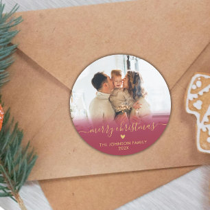 Red Gold Script Family Photo Merry Christmas Cl Classic Round Sticker