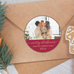 Red Gold Script Family Photo Merry Christmas Classic Round Sticker