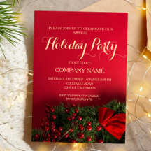 Red & Gold Script Greenery Holiday Party Business