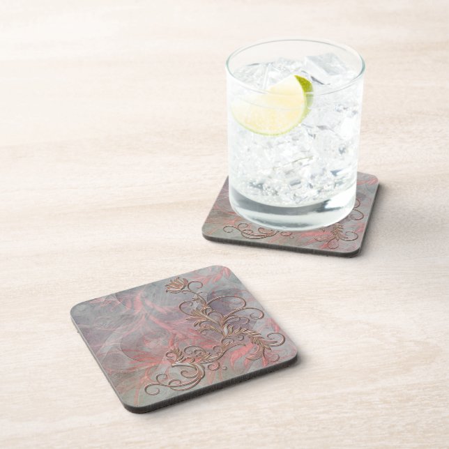 Red Gold Shaded Floral Corkback Coaster Sets (Right Side)