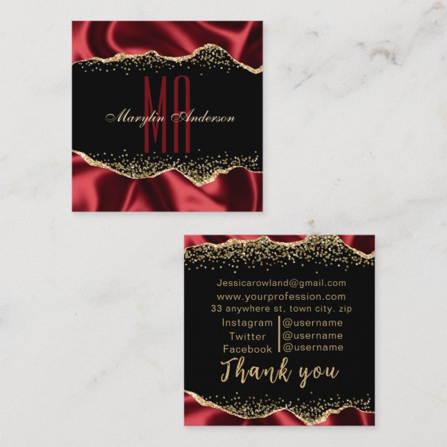 RED & GOLD SHIMMER SATIN BORDERS CUSTOM MONOGRAM  SQUARE BUSINESS CARD (Front/Back)