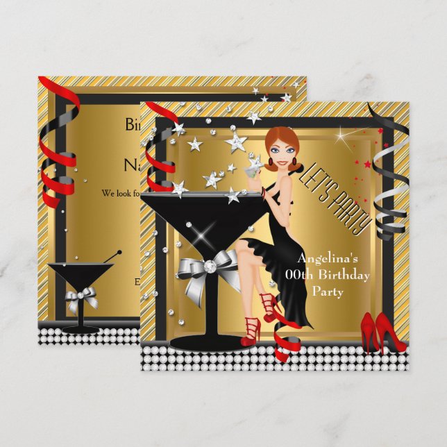 Red Gold Silver Black Martini Birthday Party 2 Invitation (Front/Back)