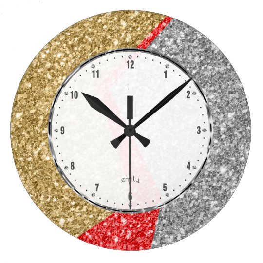 Red gold & Silver colours glitter geometric design Wall Clock