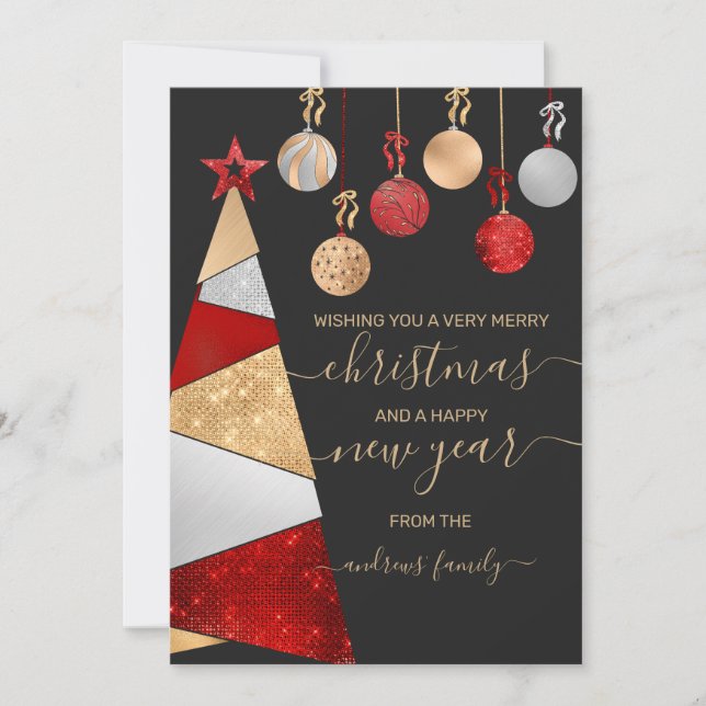 Red Gold Silver Glitter Tree Ornaments Christmas Holiday Card (Front)