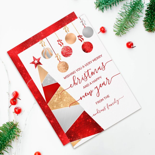 Red Gold Silver Glitter Tree Ornaments Christmas Holiday Card (Creator Uploaded)