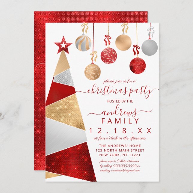 Red Gold Silver Glitter Tree Ornaments Christmas Invitation (Front/Back)
