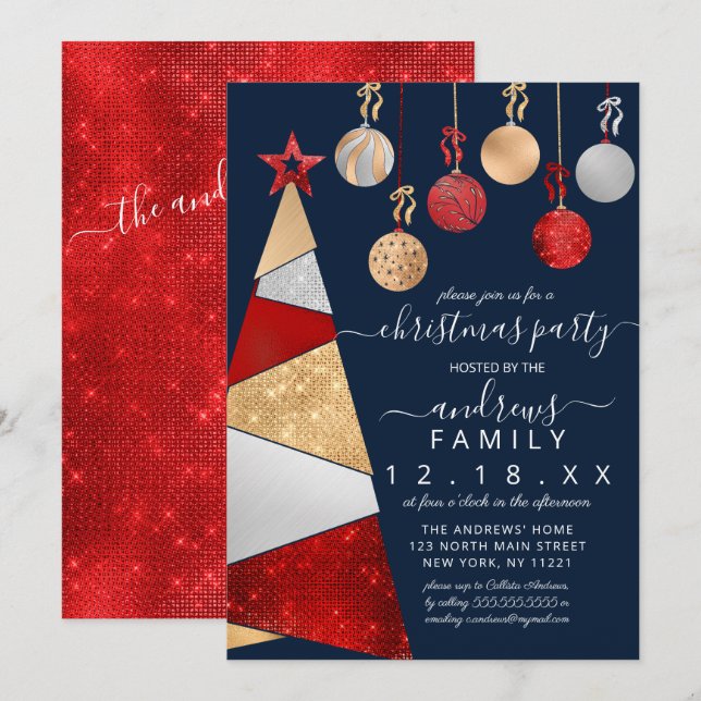 Red Gold Silver Glitter Tree Ornaments Christmas Invitation (Front/Back)