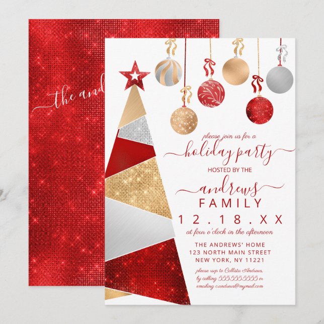 Red Gold Silver Glitter Tree Ornaments Holiday Invitation (Front/Back)